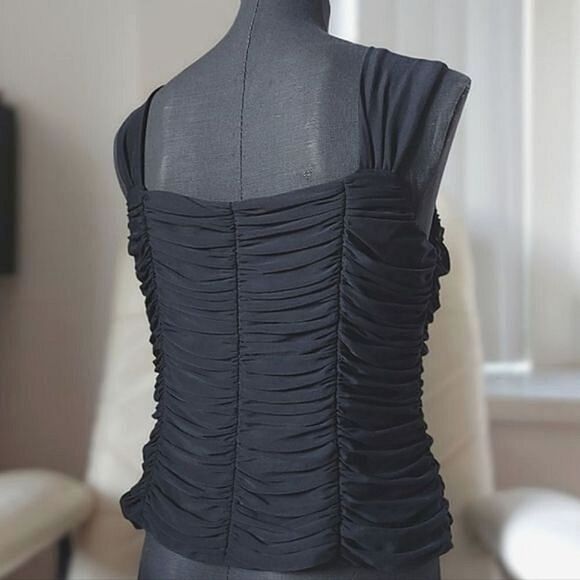 Vtg Y2K Precis Petite black ruched mesh overlay camisole - Picture 2 of 12